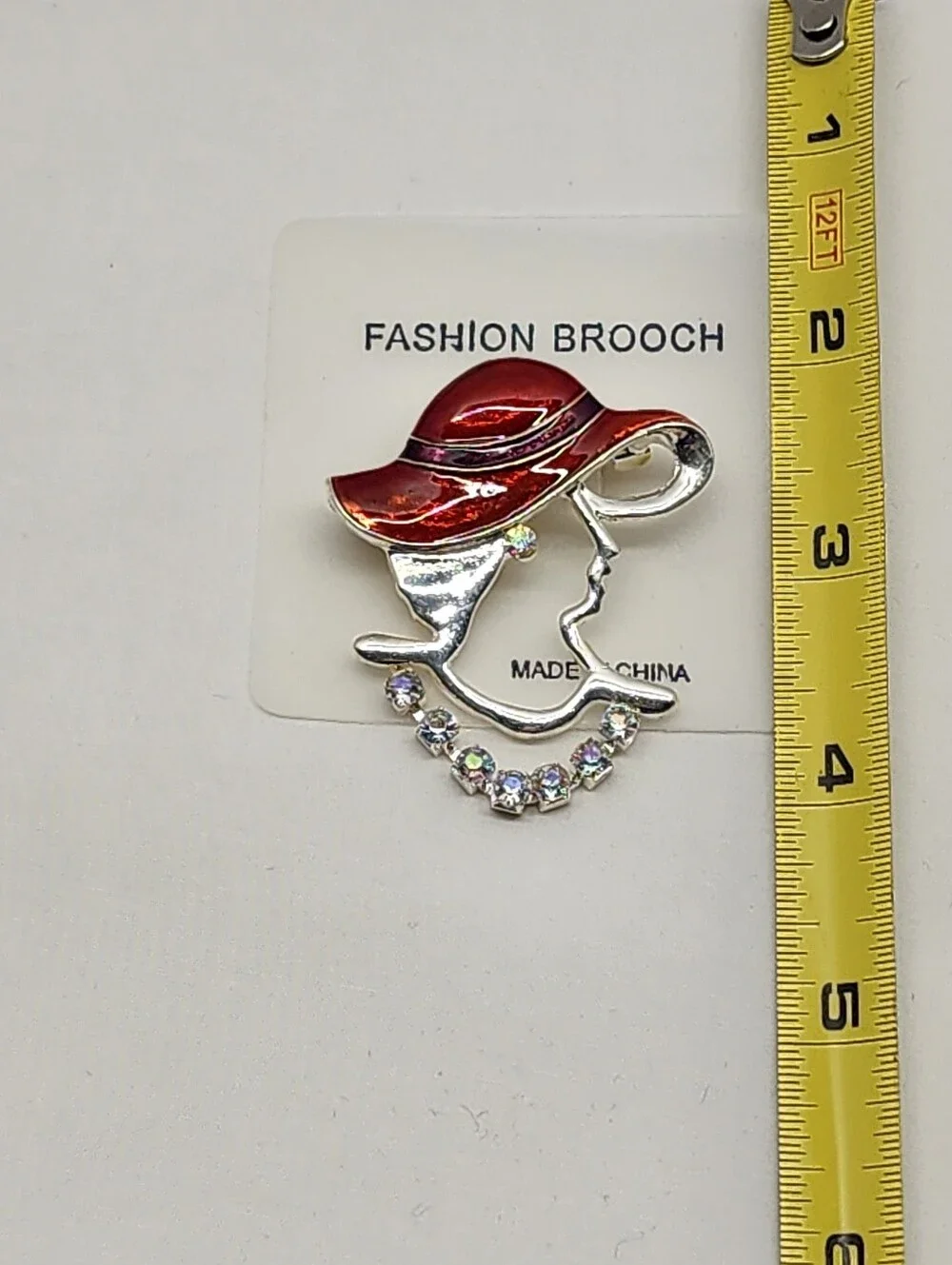 Vintage Red Hat Society Enamel Brooch with Rhinestones